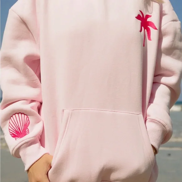 UPDATED: Large Pink Palm Puff Hoodie, w/ Box and Bag, in Blush Hawaii Hibiscus - Picture 3 of 6